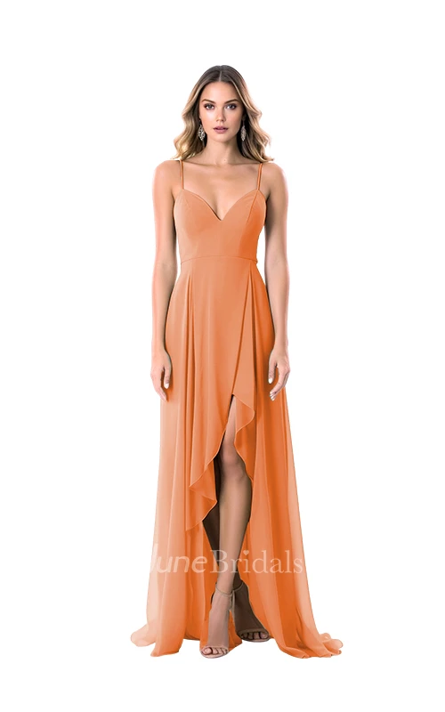 Modern A-Line Chiffon Spaghetti V-neck Bridesmaid Dress with Split Front