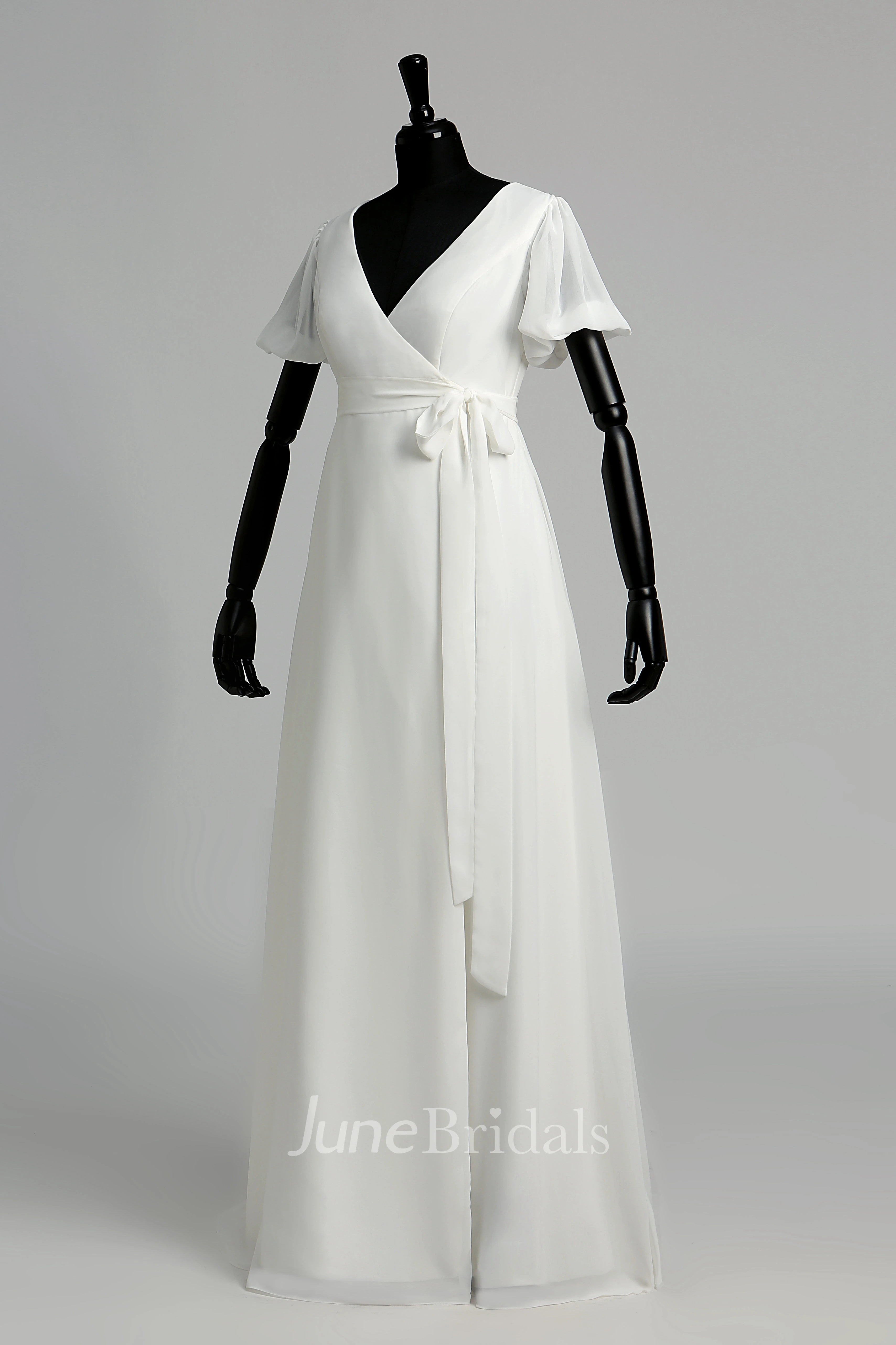 Puf Style Sleeve V-neck Long Chiffon Wedding Dress