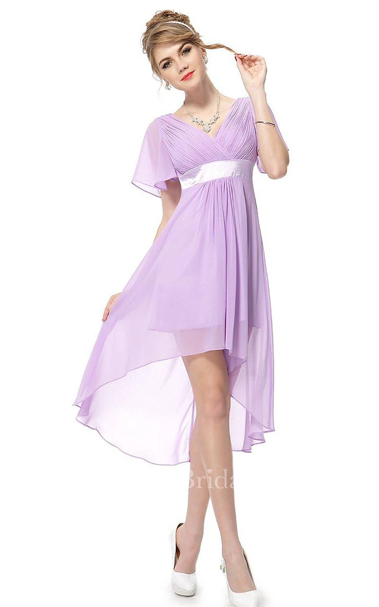 Short-sleeved Asymmetrical Chiffon Dress With Pleats
