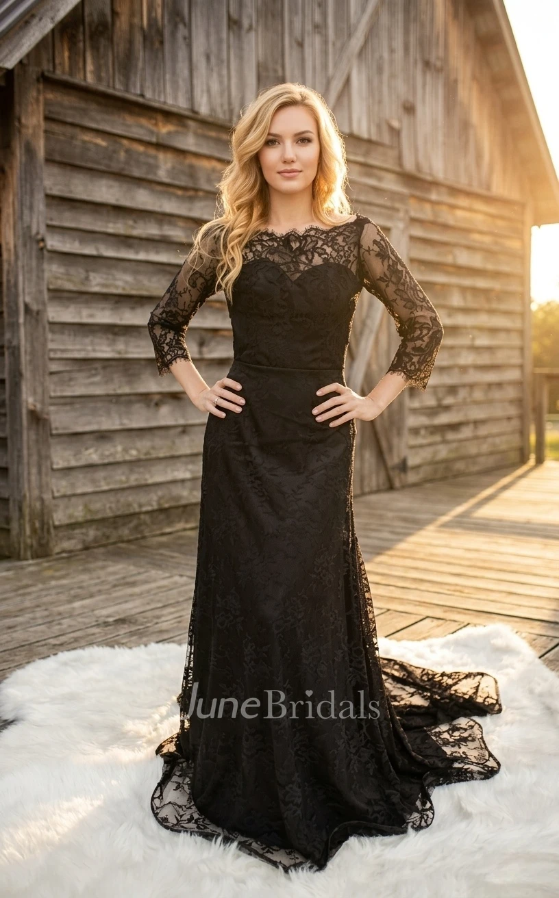 Modest Sheath Bateau Neck Lace Appliques Long Sleeve Floor-length Black Wedding with Train
