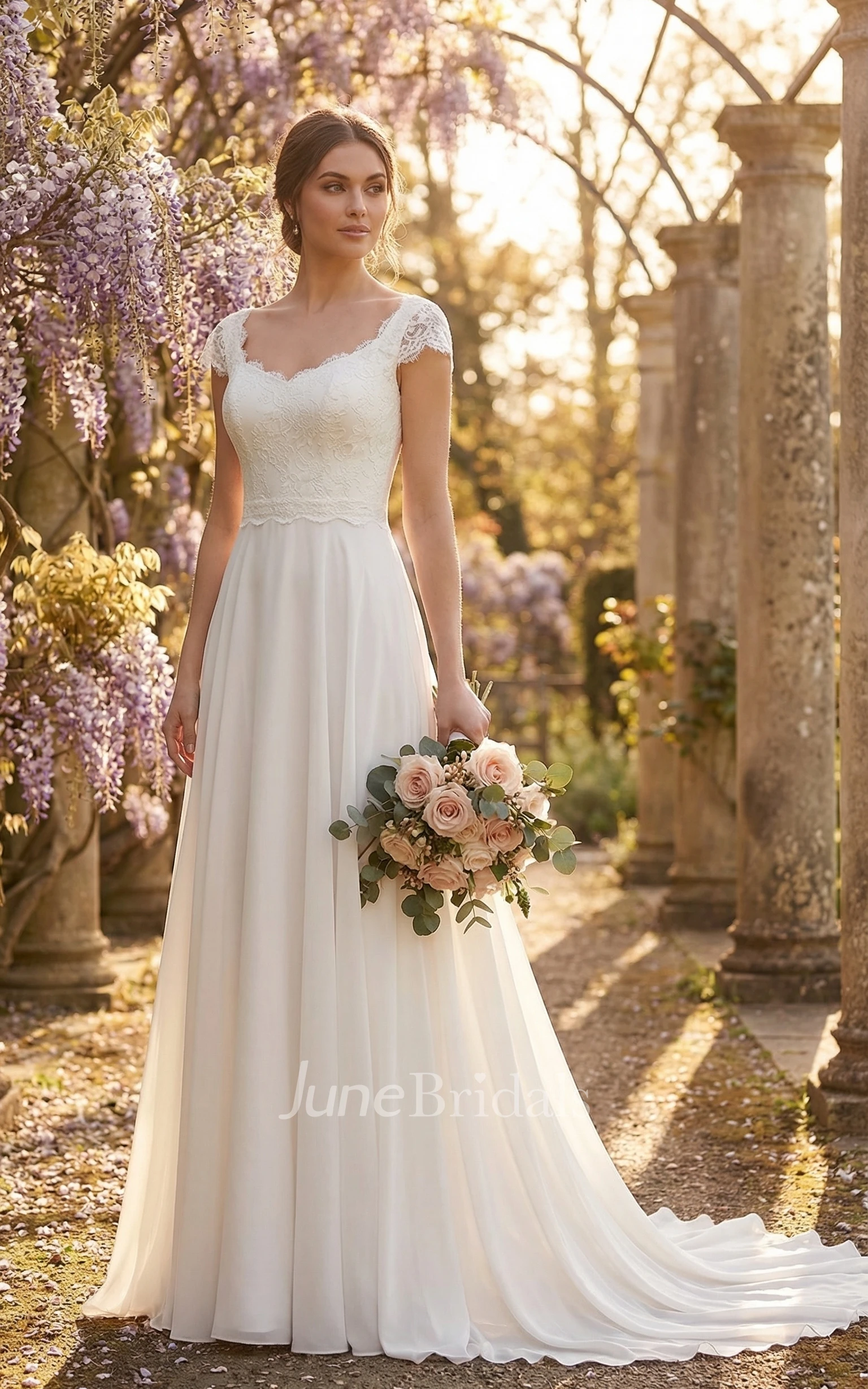 A-Line Cap Sleeve Lace Wedding Dress with Illusion Open Back for Country Occasions