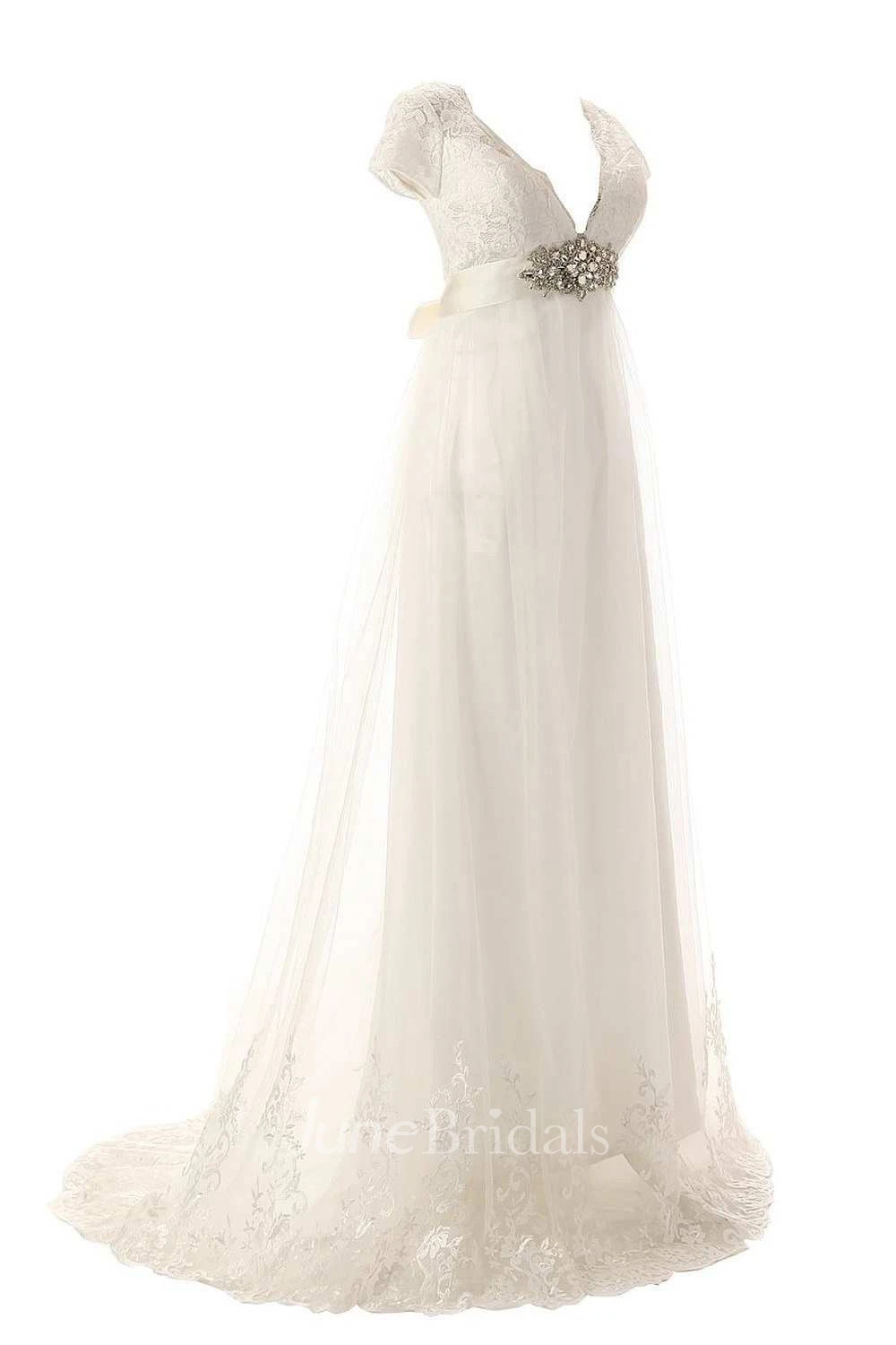 Cap Sleeve Low V Neck A-line Lace Gown With Beaded Belt