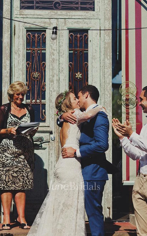 Sheath Short V-Neck Long Sleeve Bell Illusion Pleats Illusion Court Train Backless Illusion Lace Dress