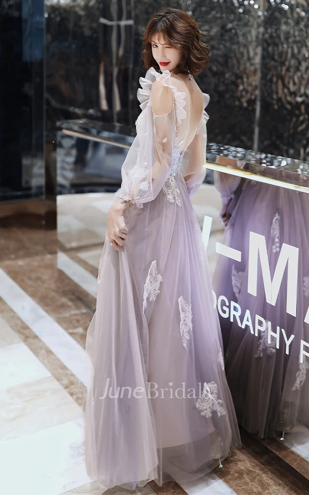 Bohemian Tulle V-neck A Line Prom Evening Dress With Appliques and Ruffles