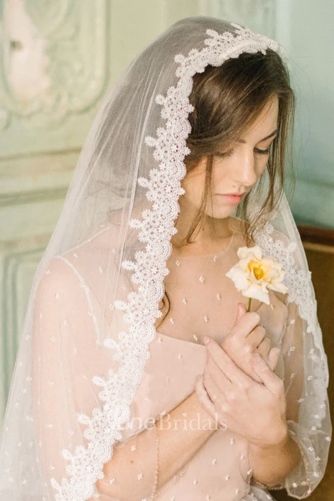 Romantic Tulle Wedding Veil with Lace Edge
