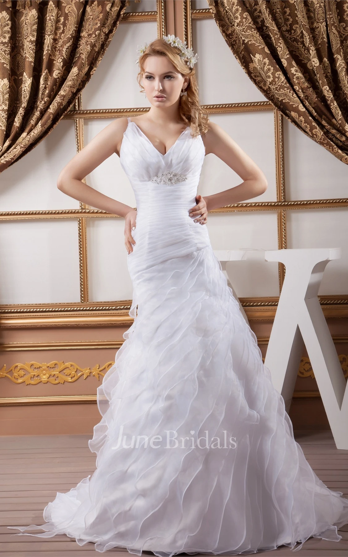 Plunged Criss-Cross A-Line Dress with Broach and Side Draping