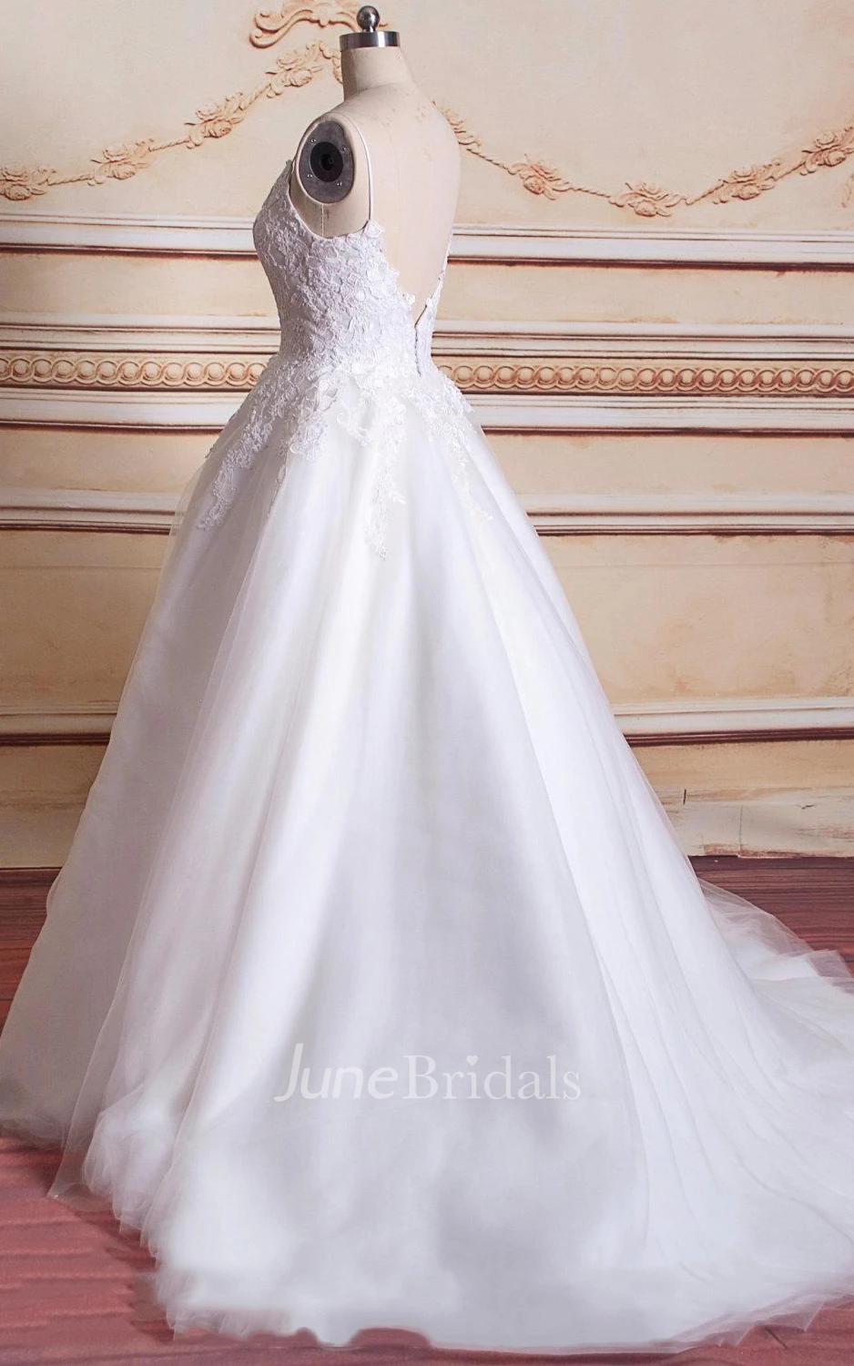 Spaghetti Strapped Tulle Lace Satin Weddig Dress