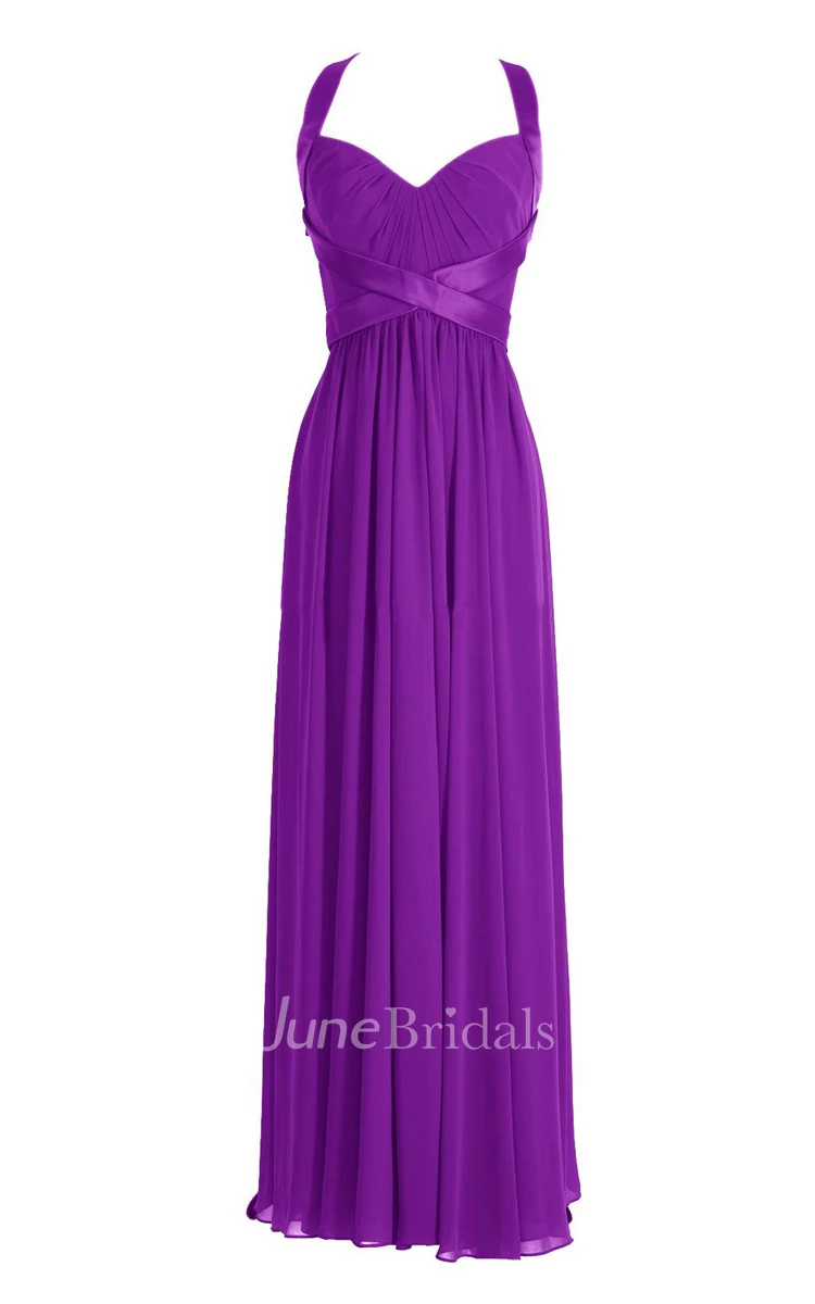 Halter Pleated Chiffon A-line Gown With Deep-v Back