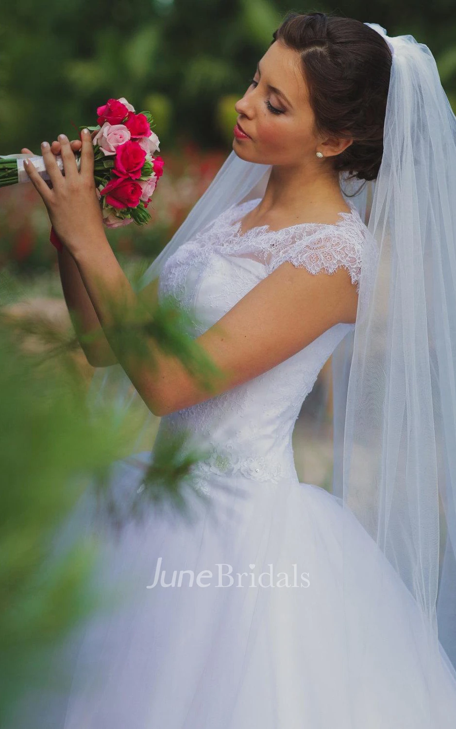 Bateau Neck Cap Sleeve Tulle Ball Gown With Lace Bodice