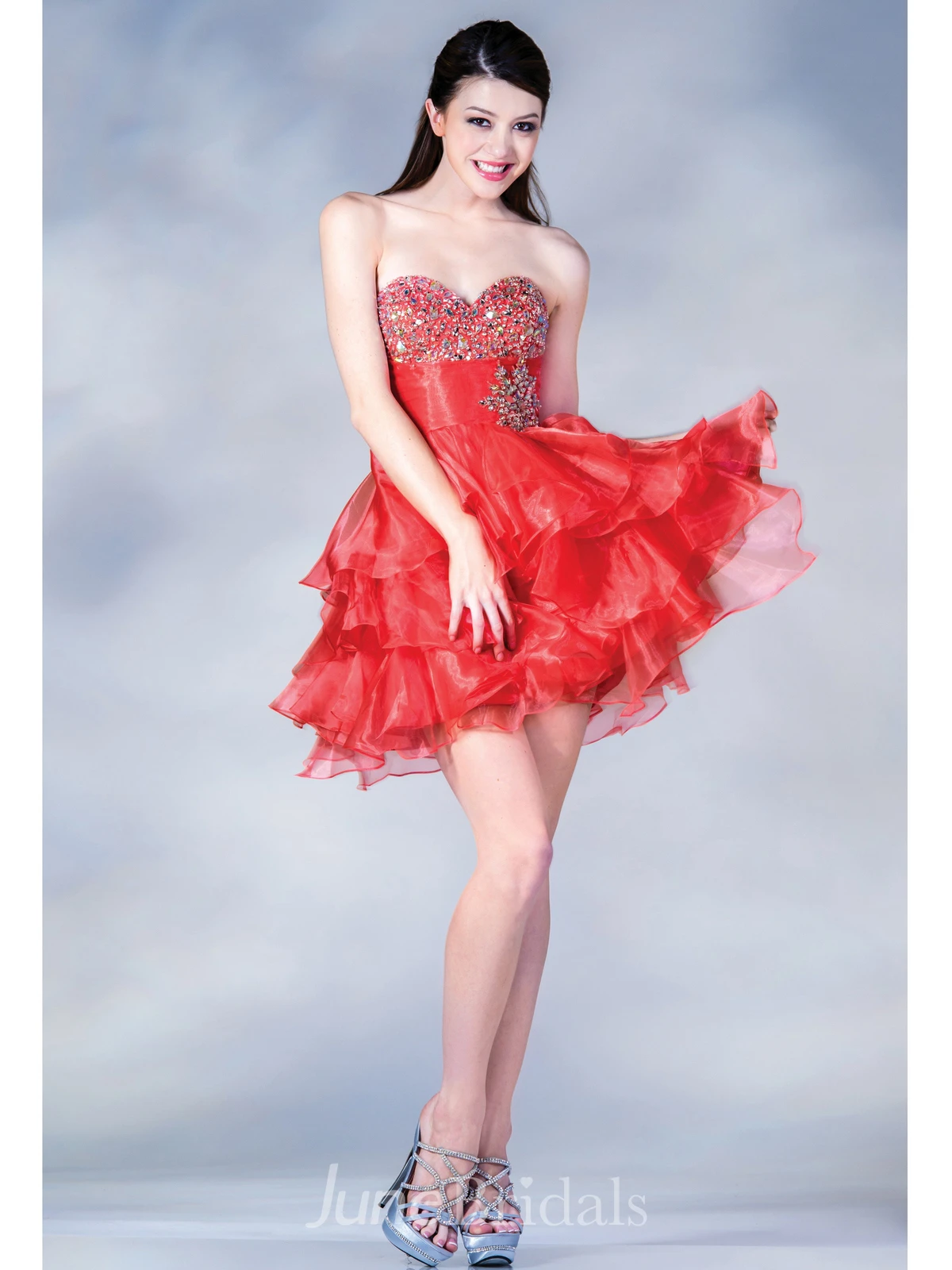 A-Line Short Sweetheart Sleeveless Organza Dress With Beading And Ruffles