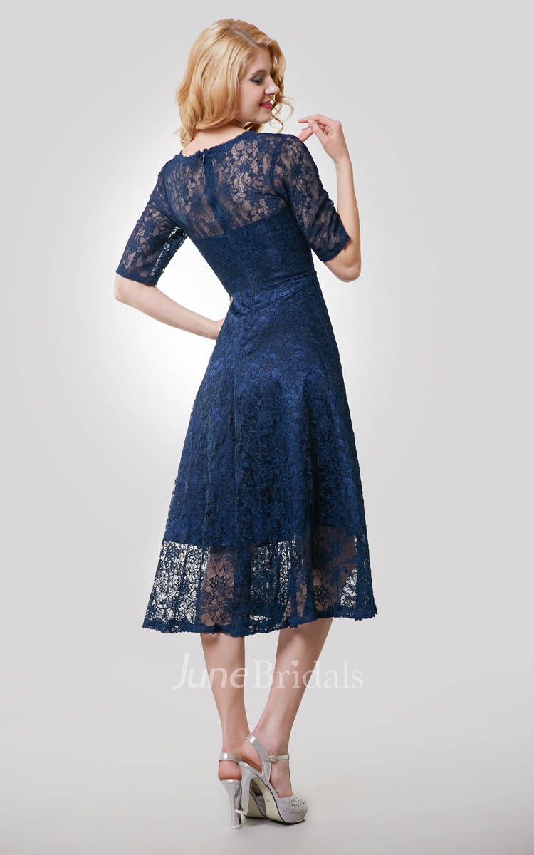 Half Sleeve Lace Tea Length Dress With Jewel Neckline