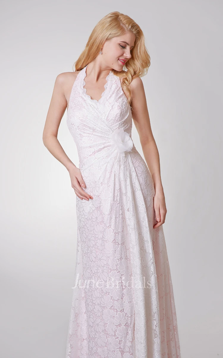 Halter Ruched Long Lace Dress With Flower