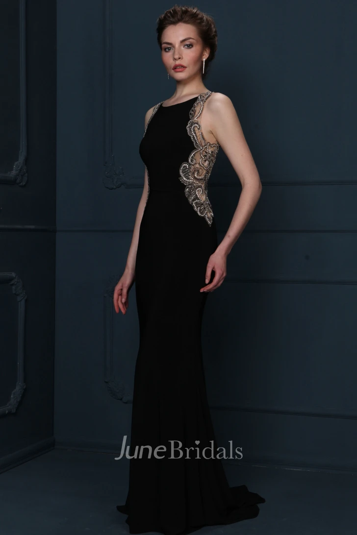 Beaded Sleeveless Scoop Neck Chiffon Evening Dress With Brush Train