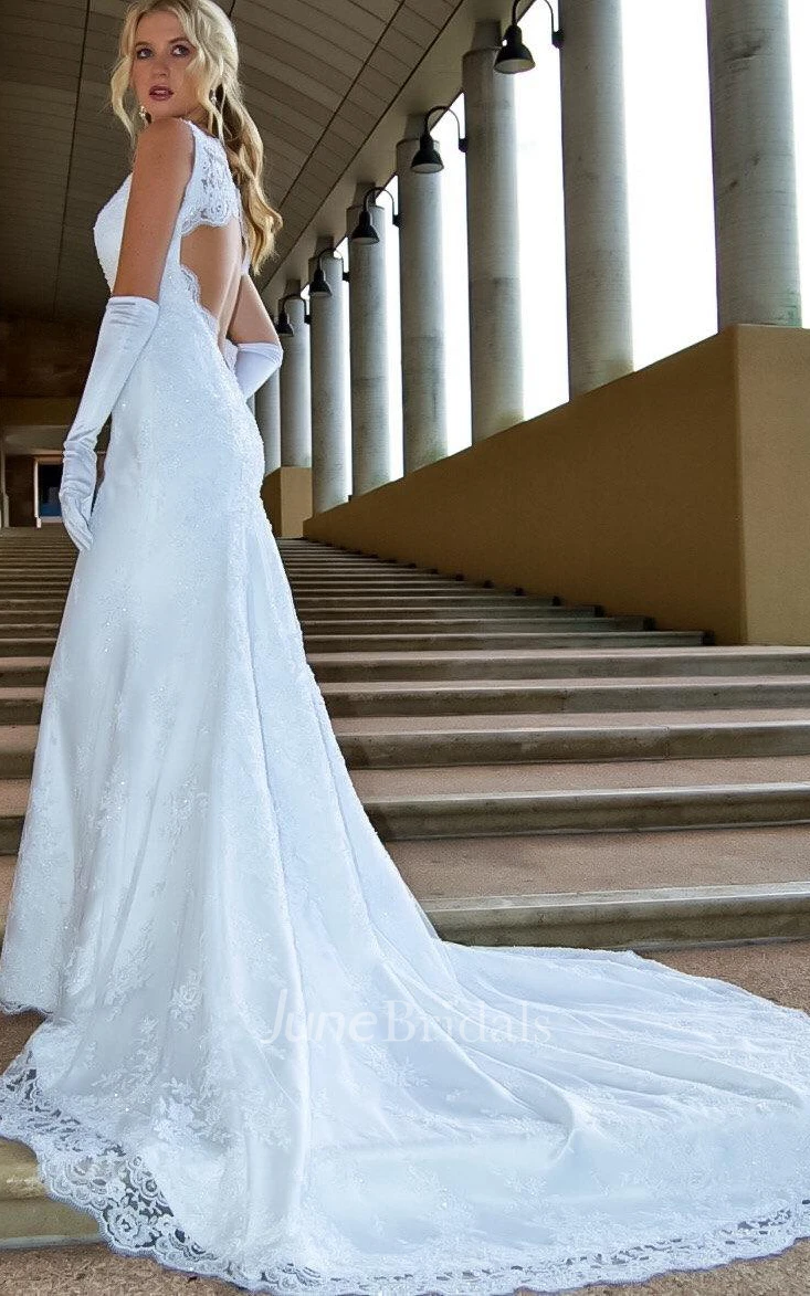 V-Neck Lace Satin Dress With Beading