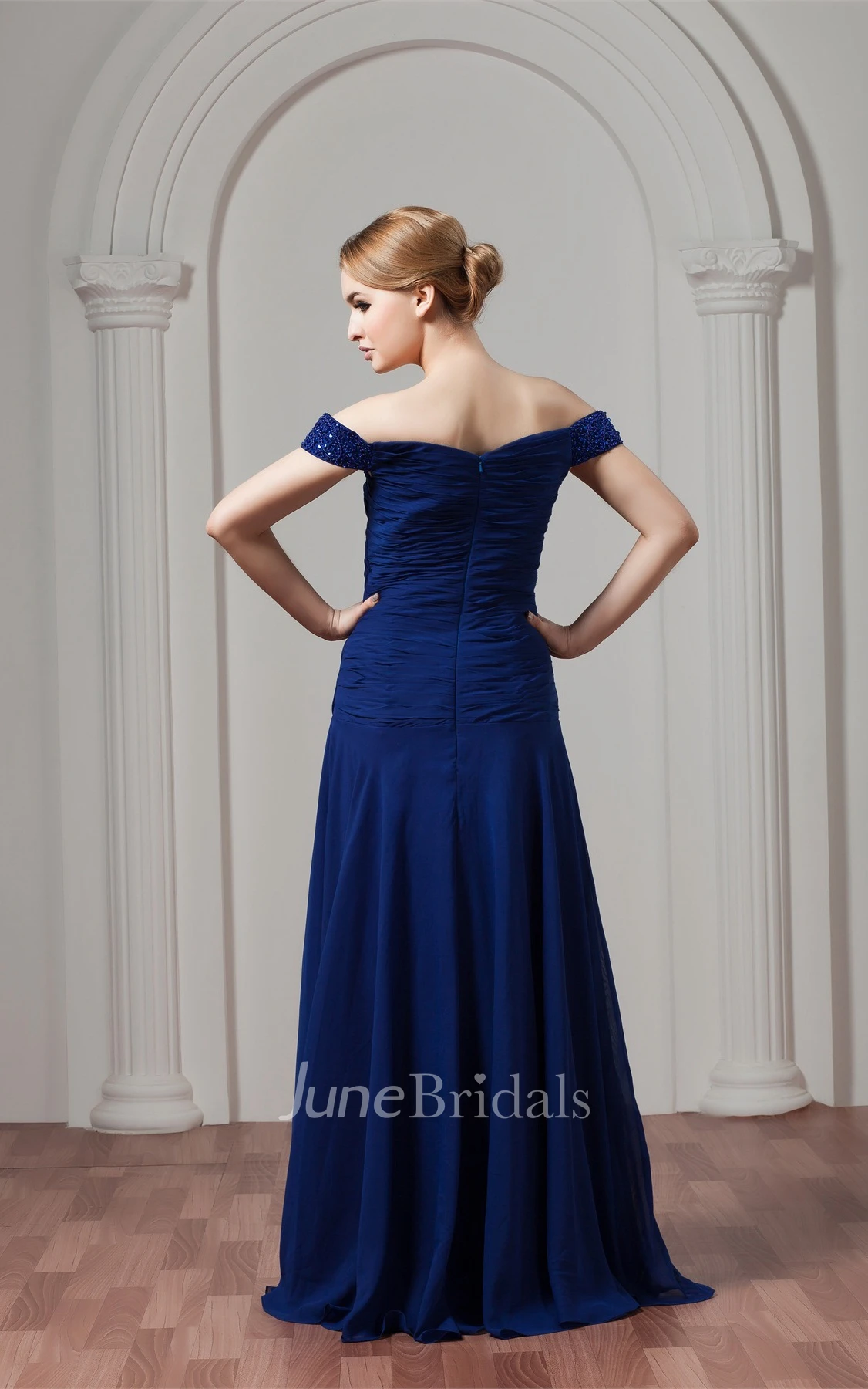 Off-The-Shoulder Chiffon Maxi Dress with Beading and Central Ruching