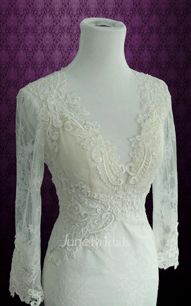 Scalloped Long Illusion Sleeve Keyhole Back Sheath Lace Wedding Dress