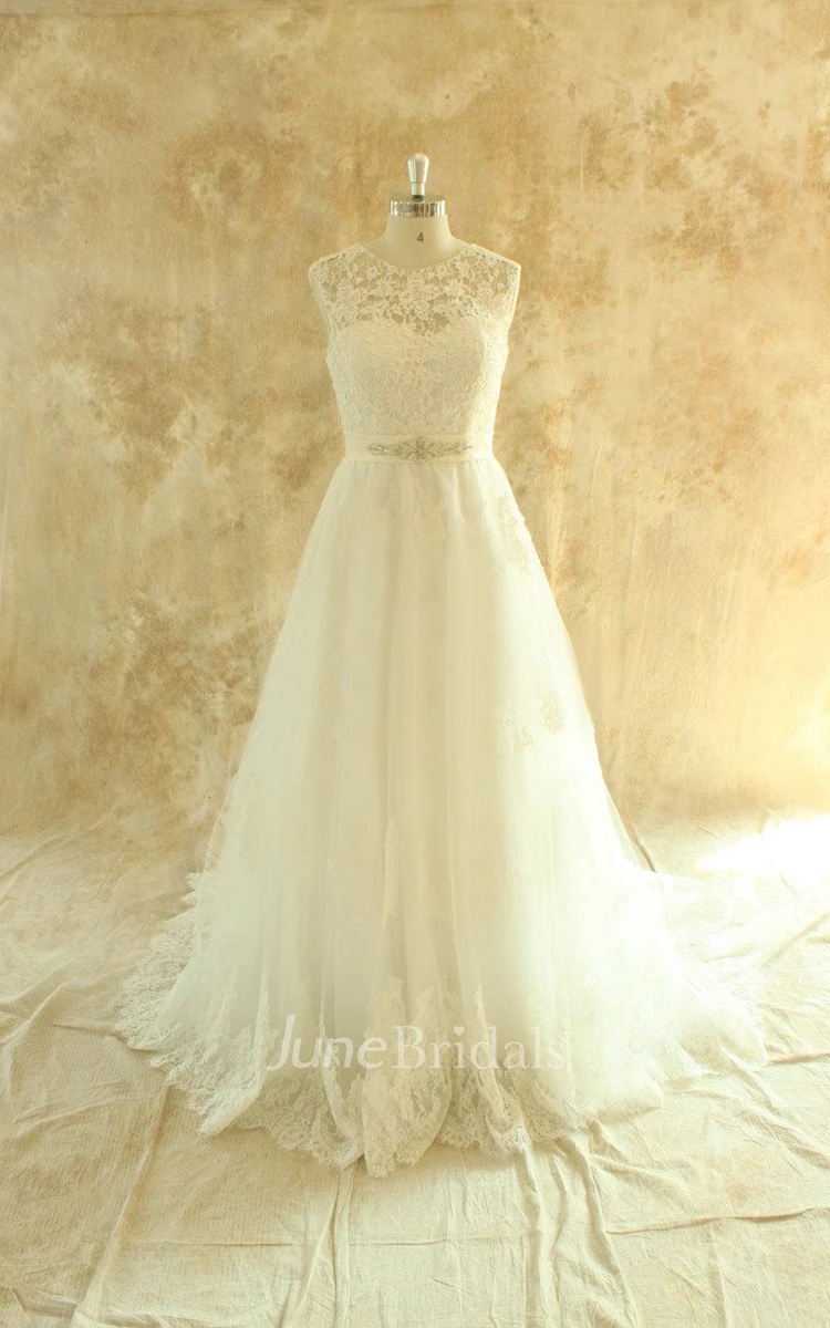 Jewel Sleeveless Deep-V Back Tulle Wedding Dress With Sash And Crystal Detailing