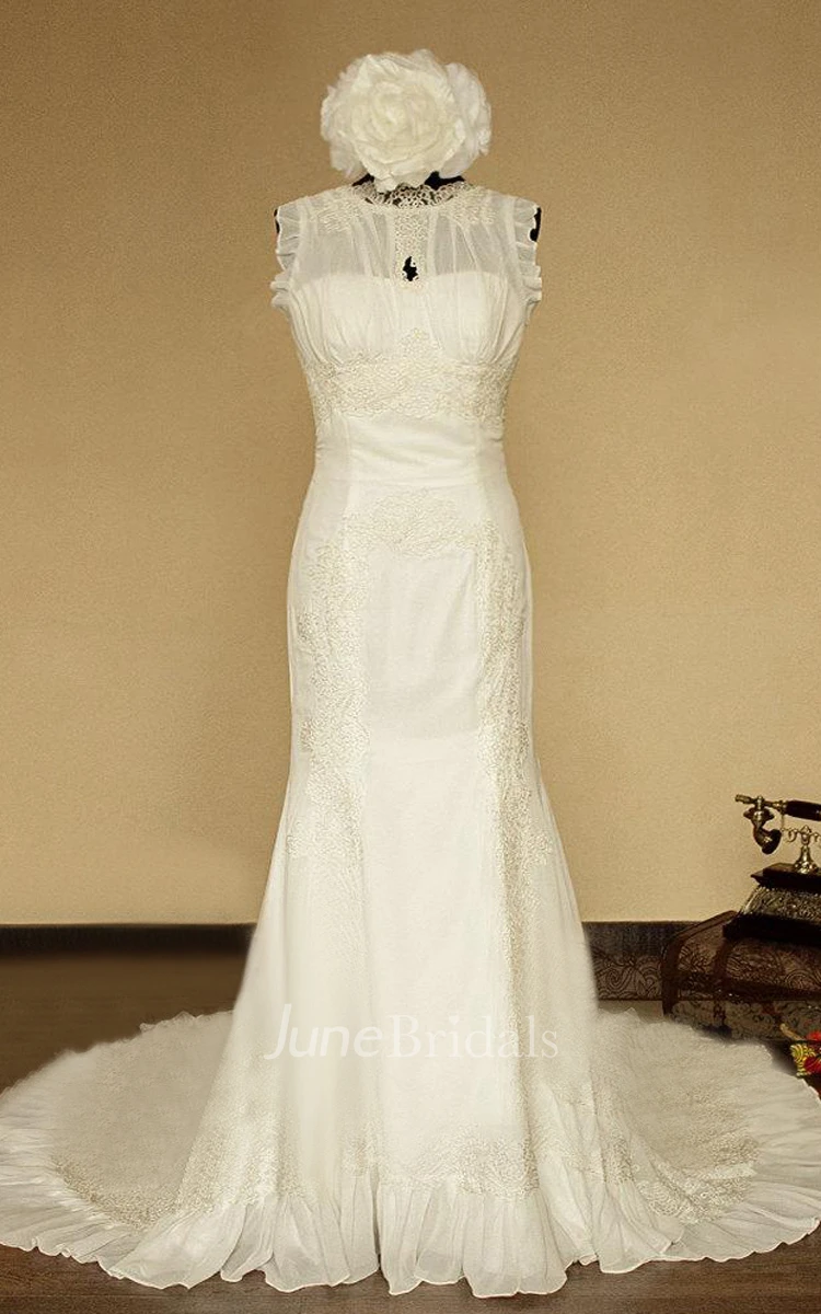 High-Neck Sleeveless Button Back Mermaid Chiffon Wedding Dress With Flower