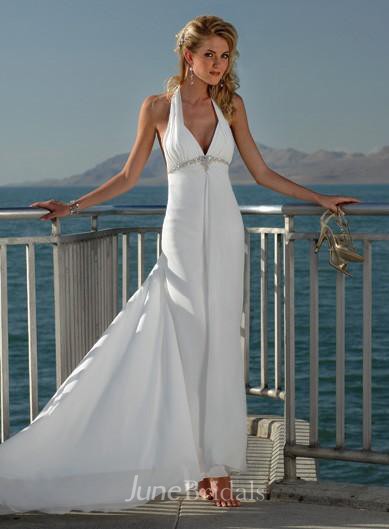 Sheath Column V neck Halter Beading Chiffon Wedding Dress June Bridals