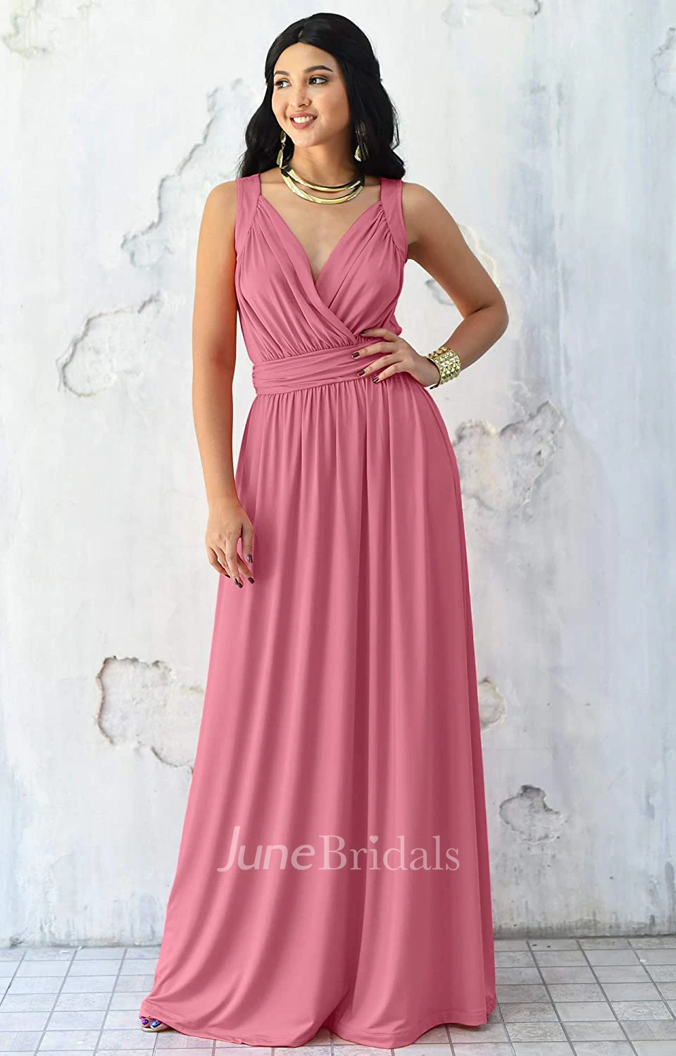 Sexy A Line V-neck Chiffon Sleeveless Long Bridesmaid Dress