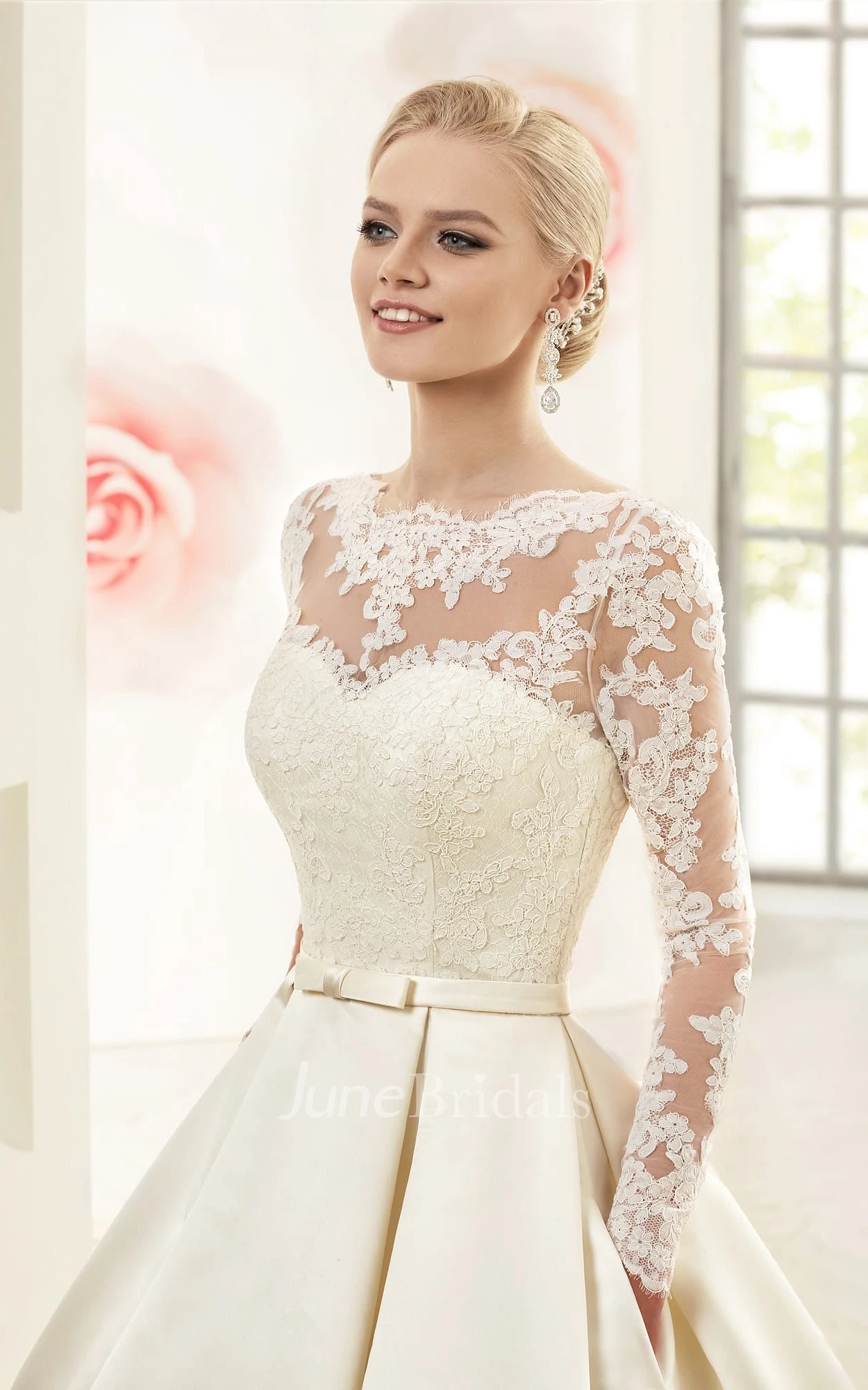 A-Line Floor-Length V-Neck Illusion-Sleeve Corset-Back Lace Dress With  Appliques