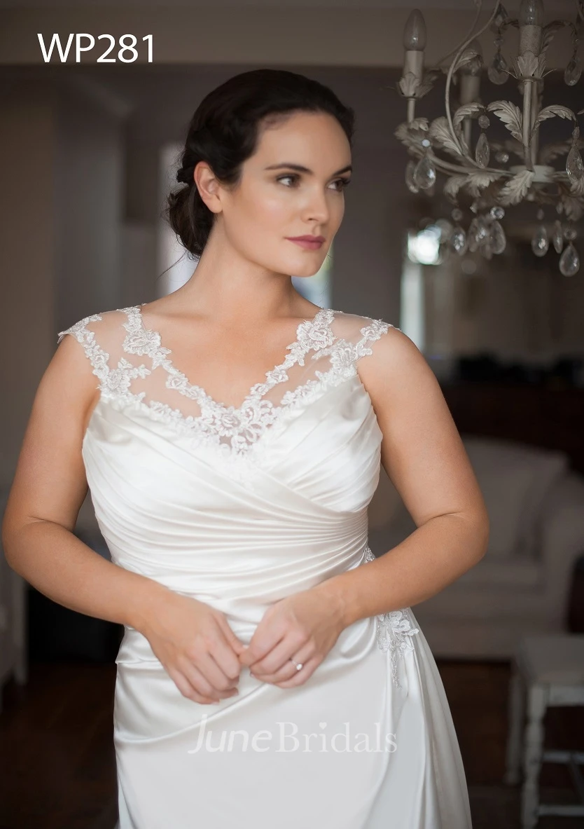 A-Line Long V-Neck Cap Satin Brush Train Appliques Dress