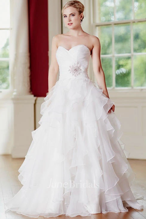 A-Line Sweetheart Ruffled Floor-Length Tulle Wedding Dress With Criss Cross And Broach