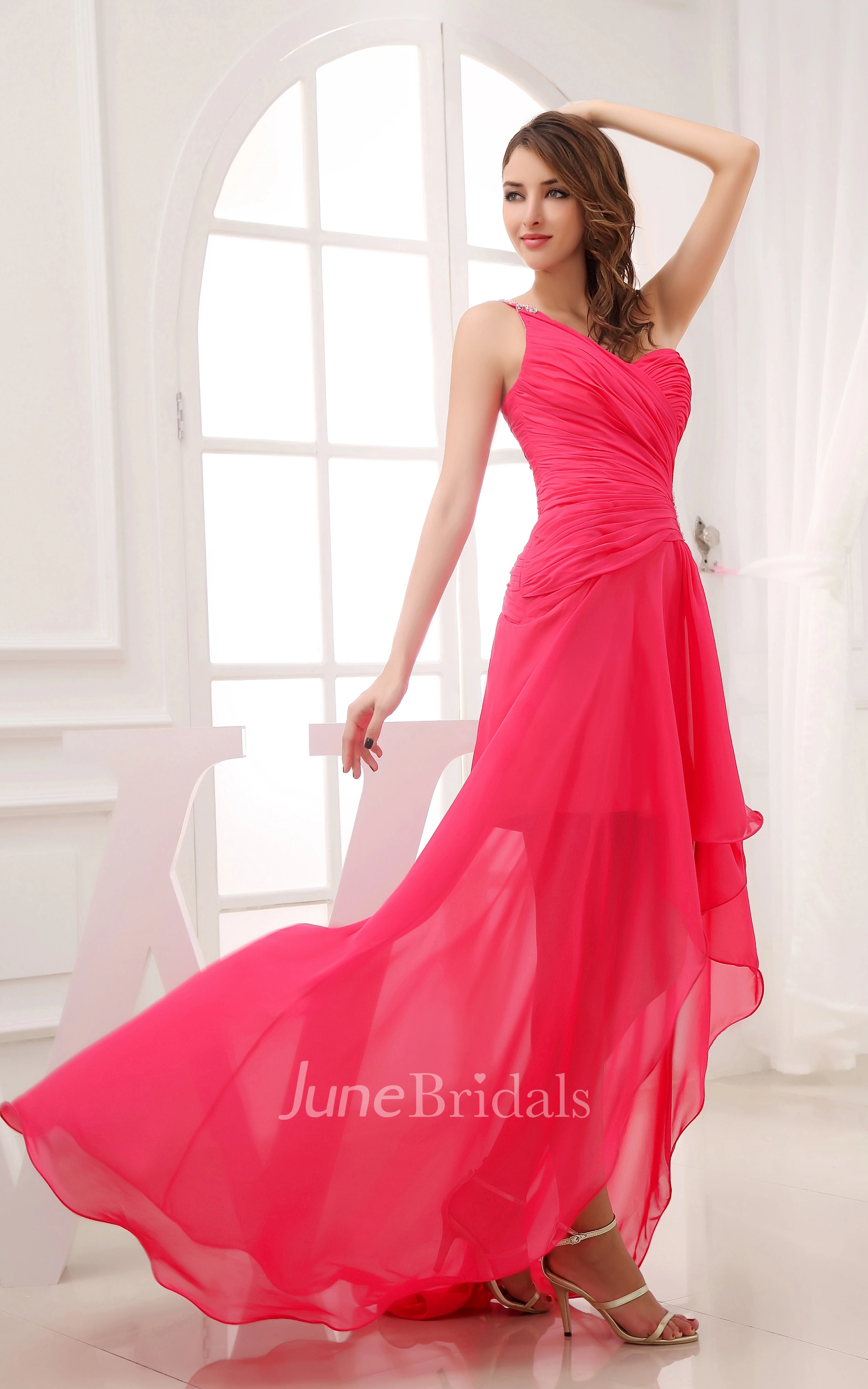 One-Shoulder Chiffon High-Low Dress With Ruching and Keyhole