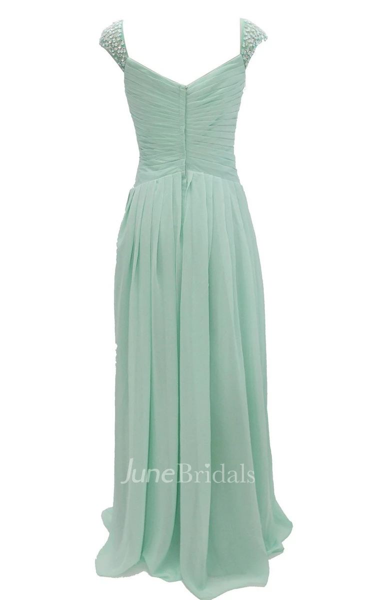 Cap-sleeve V-neck Chiffon A-line Gown With Crystal Detail