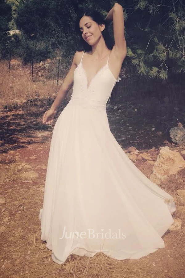 Spaghetti-Strap Chiffon Floor-Length Pleated Dress With Appliques