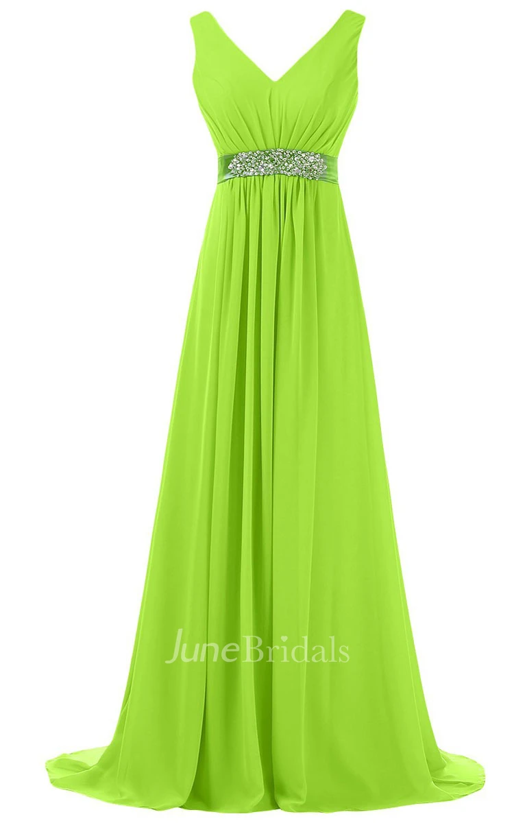 V-neck Pleated Chiffon A-line Gown With Beaded Band