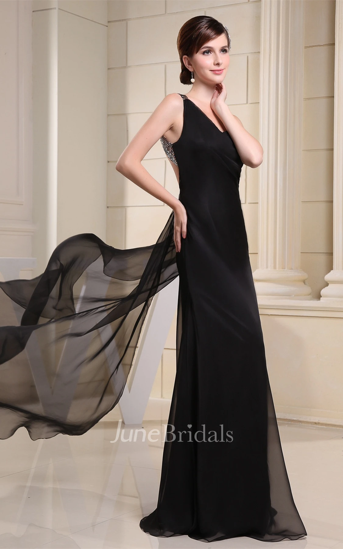 Simple One-Shoulder Crystal Detailing Long Dress with Beading and Sweep Train