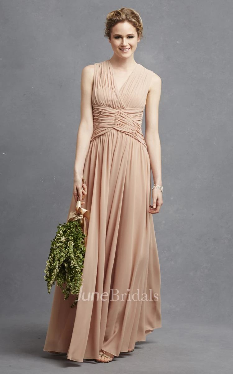 Sleeveless Chiffon V-Neck Dress With Crisscross Ruching