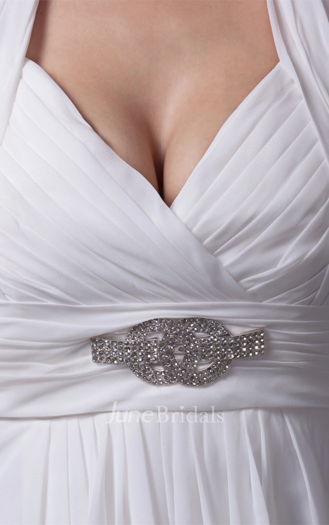 Knee-Length Sleeveless Halter A-Line Dress with Ruching and Beadings