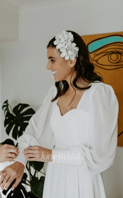 Casual A Line Floor-length Sweep Train Chiffon Queen Anne Long Sleeve Wedding Dress