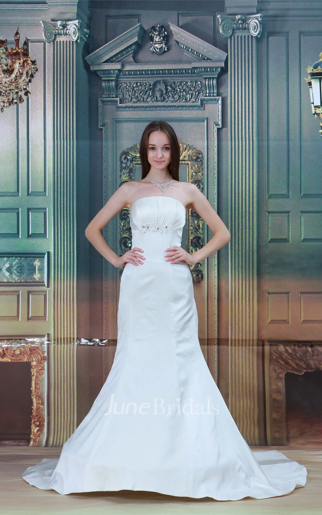 strapless trumpet satin gown with corset back and jeweled top