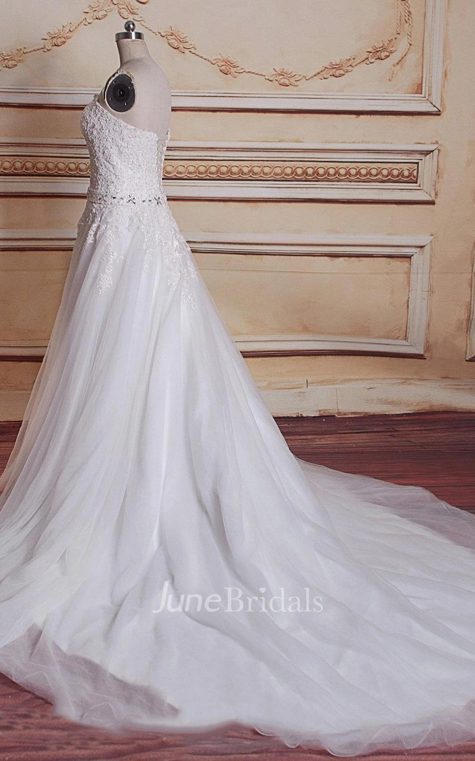 Sweetheart Chapel Train Tulle Lace Satin Dress With Beading Corset Back