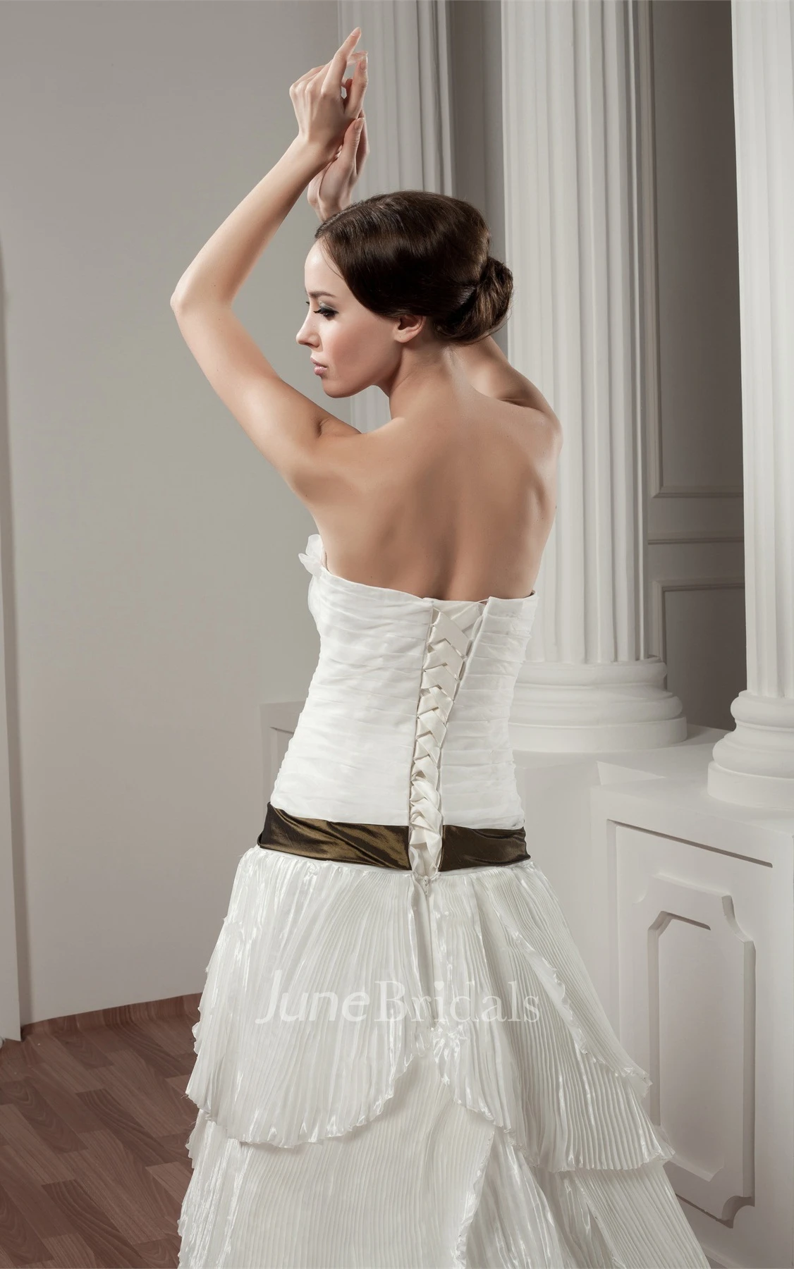 Strapless Ruched A-Line Gown with Tiers and Ribbon