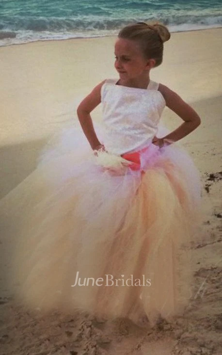 Lace Bodice strapped Tulle Dress With Flower&Sash Ribbon