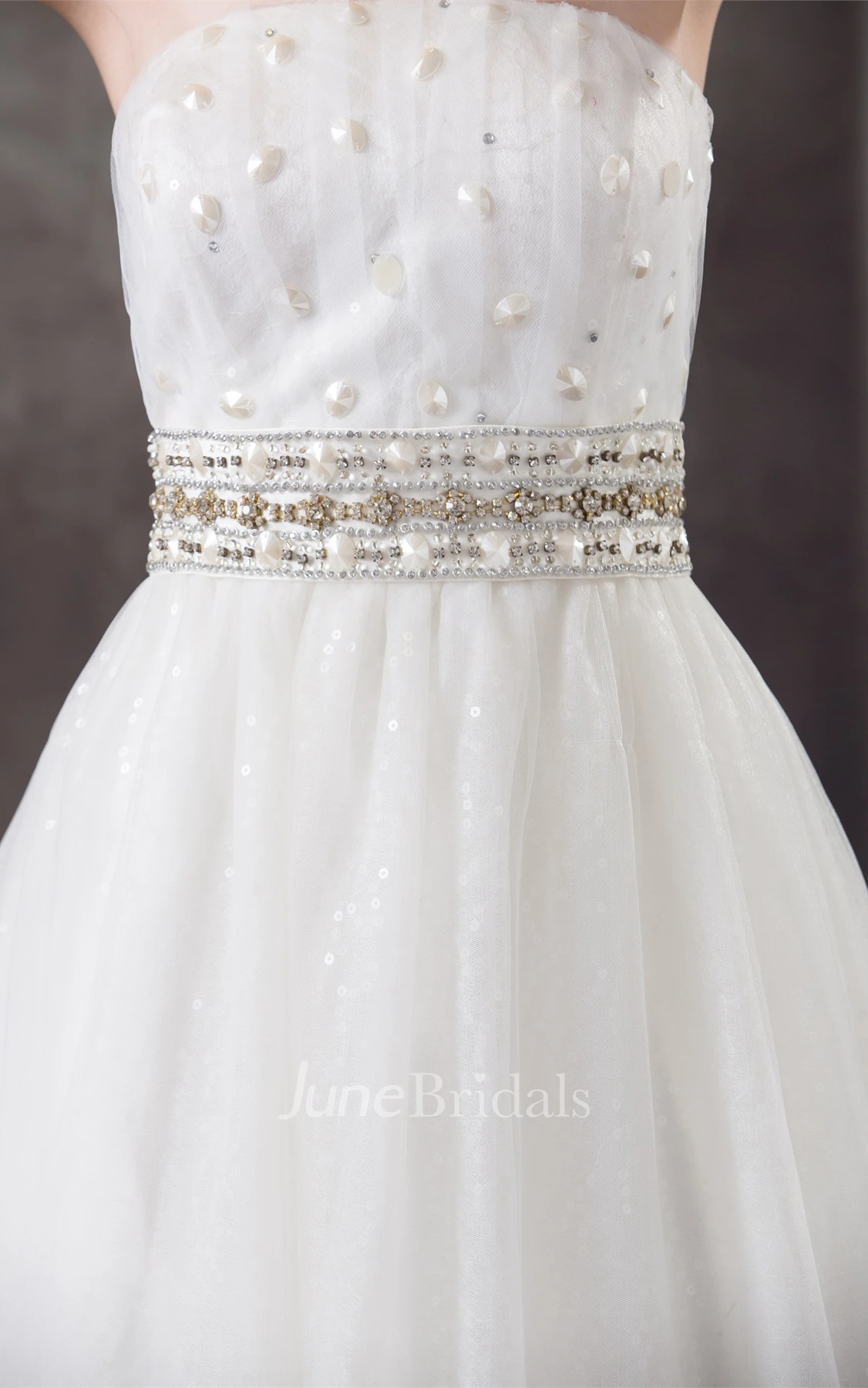 Strapless Tulle Jeweled Gown with Appliques and Corset Back