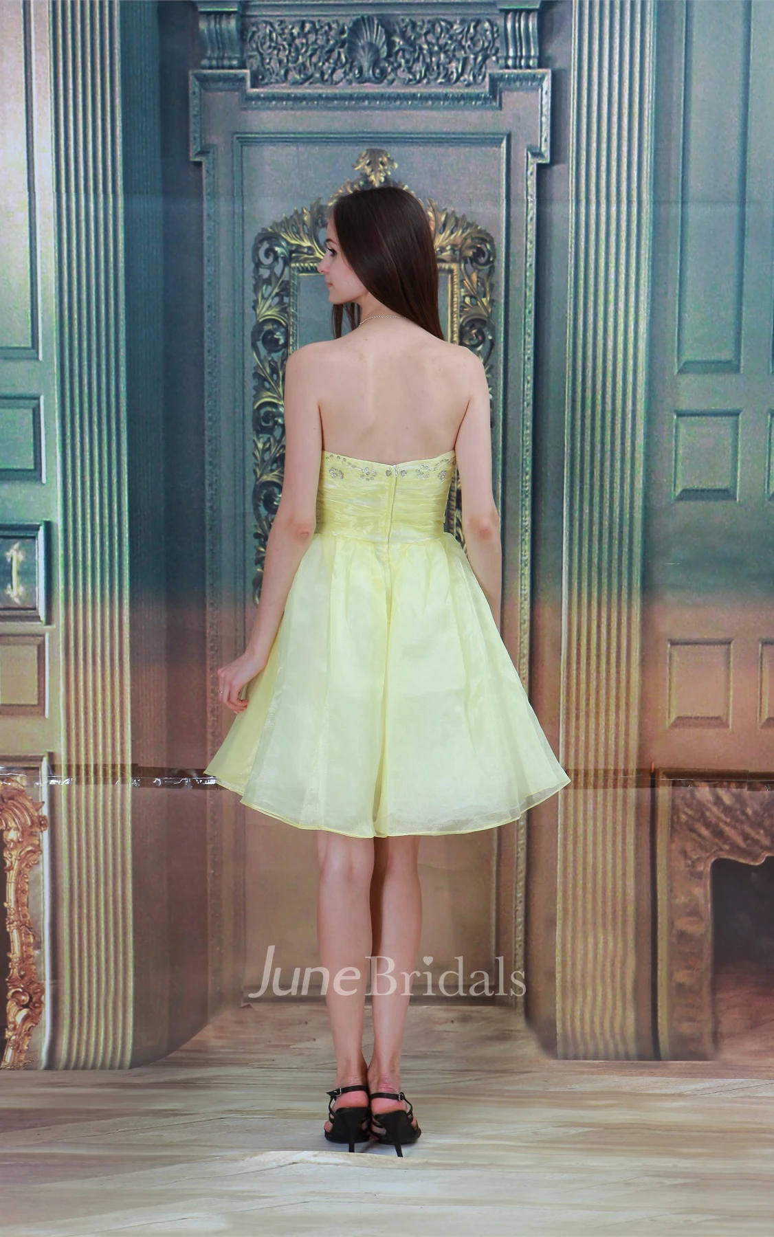 Strapless Midi A-Line Dress with Pleats and Beading