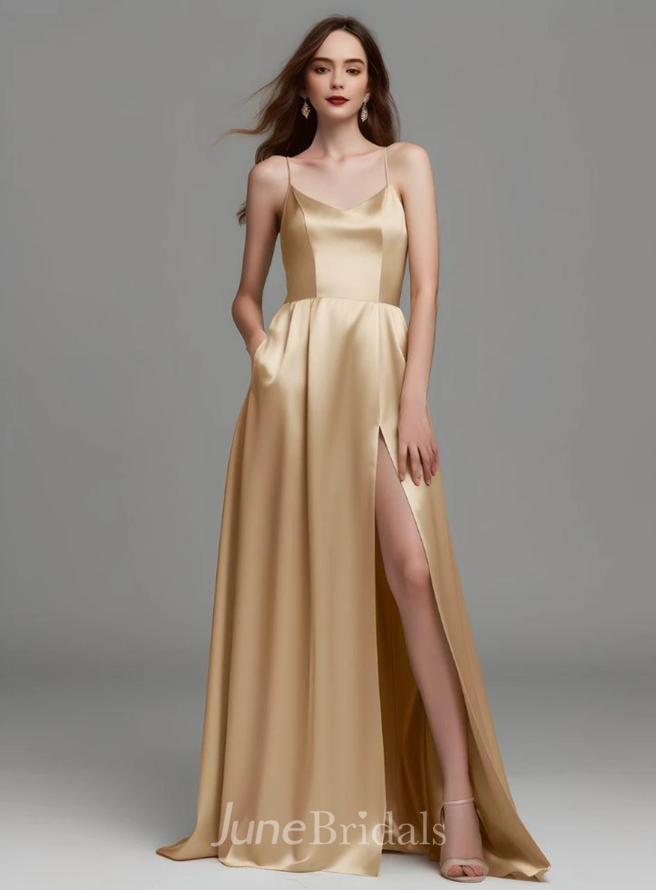 Casual A Line Spaghetti Satin Sleeveless Evening Dress Simple Sexy Ethereal Modern Floor-length Open Back