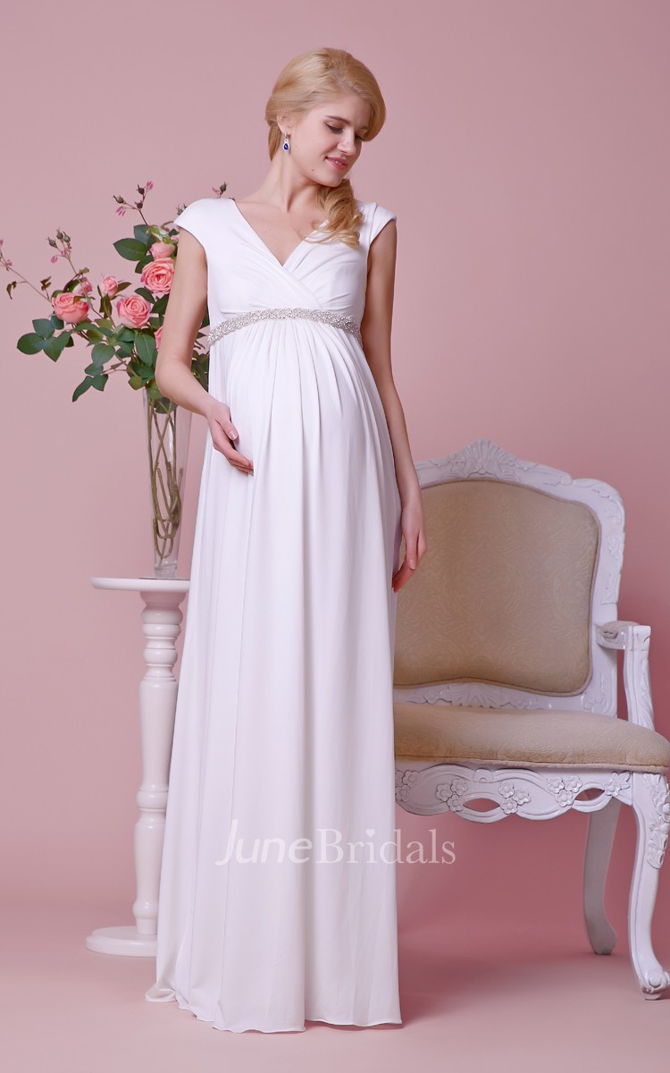 V-neck Cap-sleeved Jersey Maternity Wedding Dress With Beaded Empire Waist  - June Bridals