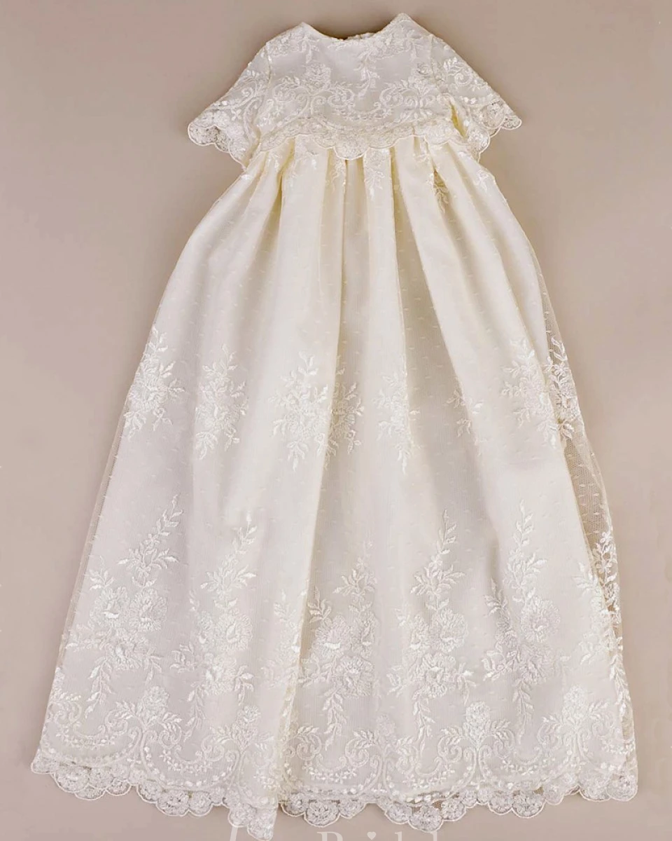 Lace Appliqued Christening Gown With Buttons And Bow