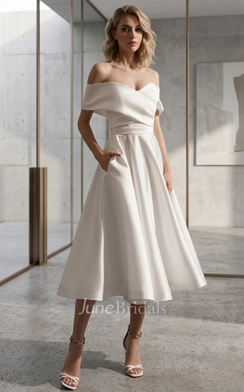 Minimalist Off-the-Shoulder Tea-length Wedding Dress Modern A-Line Criss Cross Satin Gown