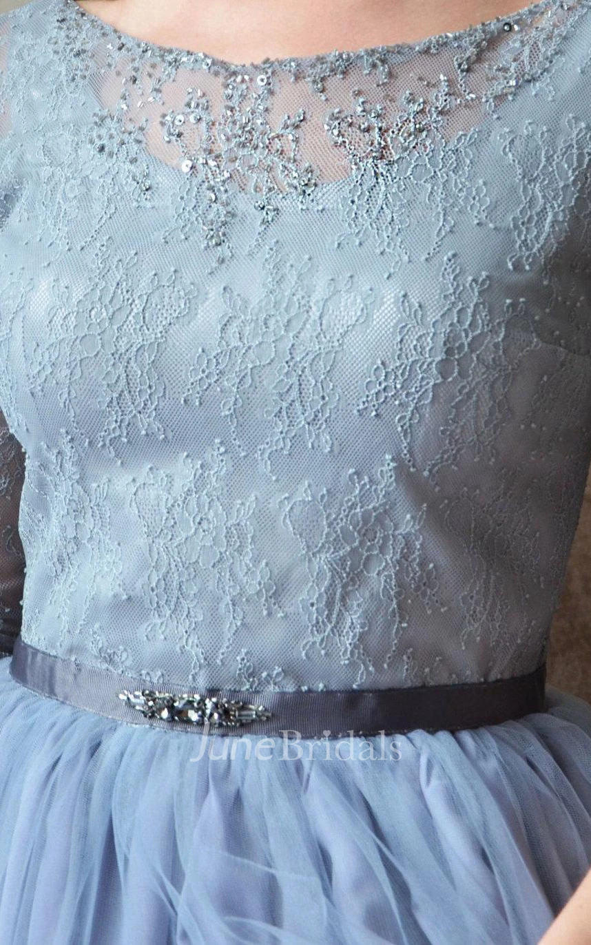 Half Sleeve Tulle Floor-Length Dress With Beading And Pleats