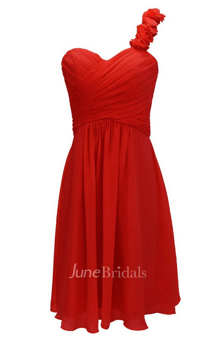 Floral One-shoulder Ruched Short Dress With Lace-up Back