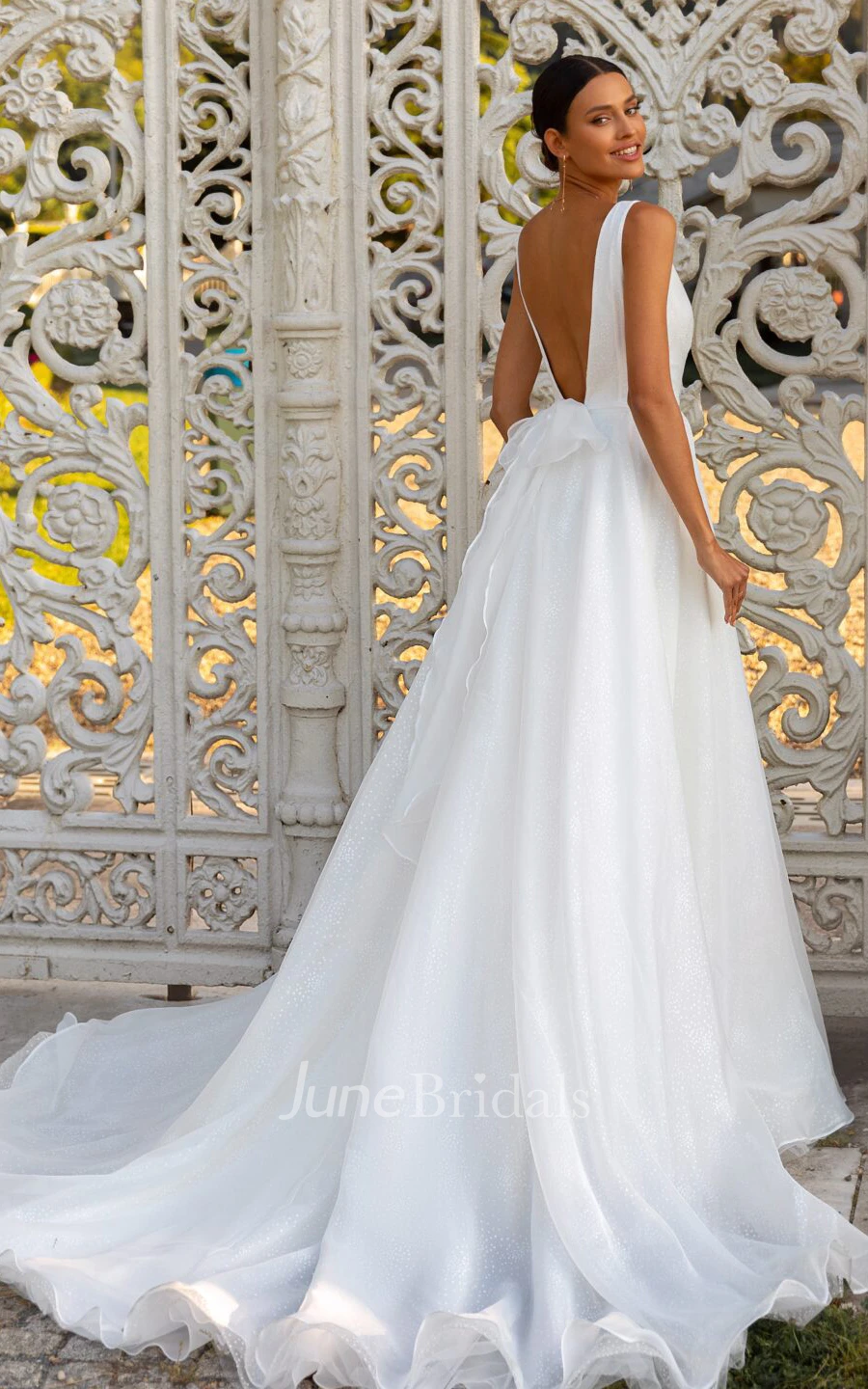 Bohemian Chiffon V-neck Ball Gown Chapel Train Wedding Dress with Sash