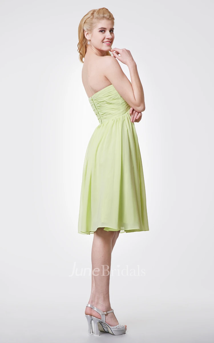 Floral Empire Knee Length Strapless Chiffon Dress With Pleated Skirt