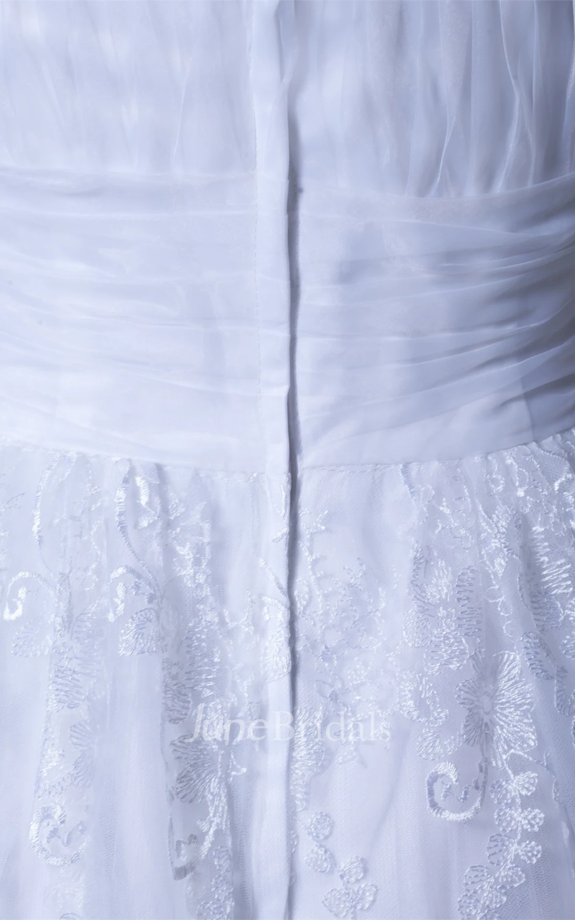 strapless a-line tea-length lace dress with ruching